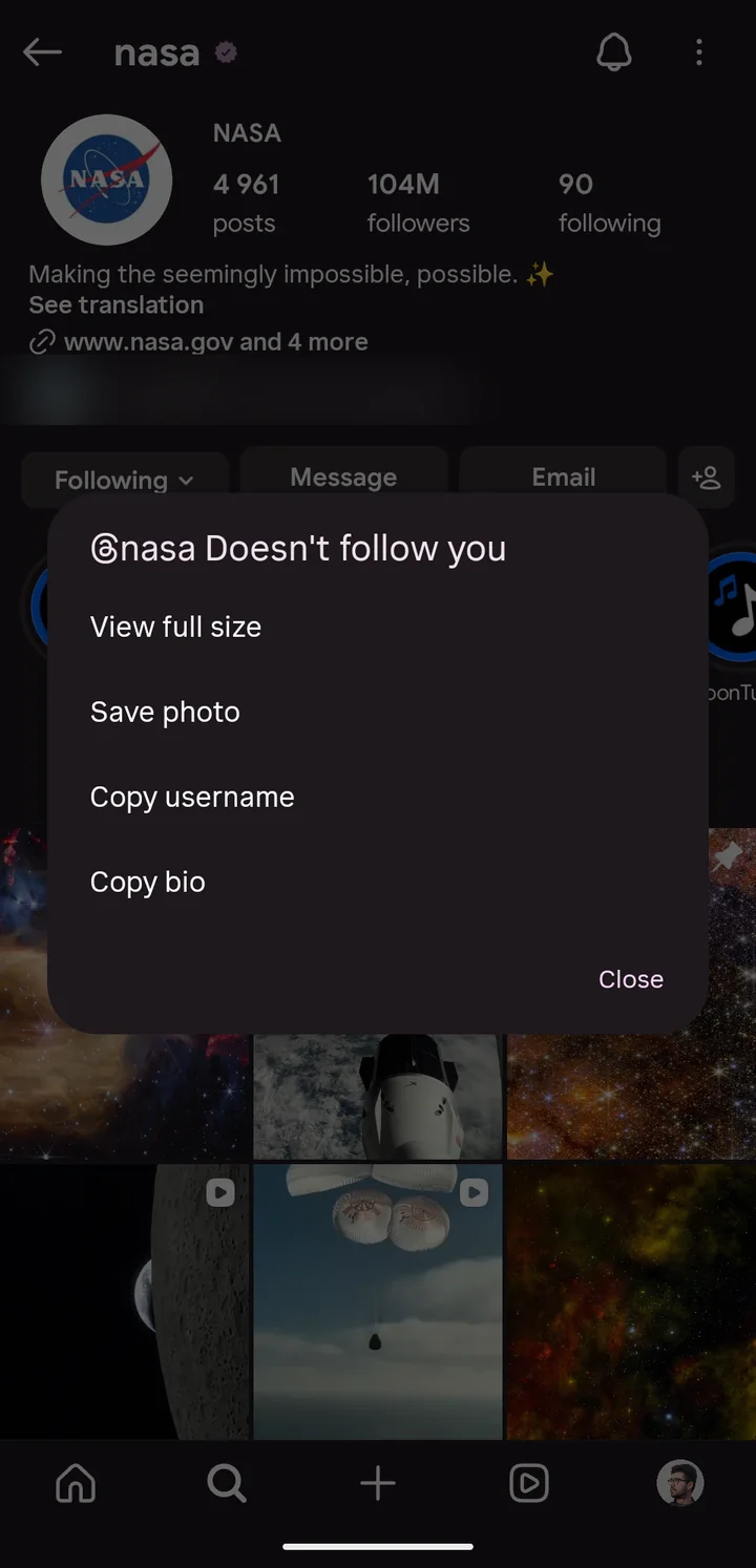 Profile photo menu: full-size photo, save, copy username and bio