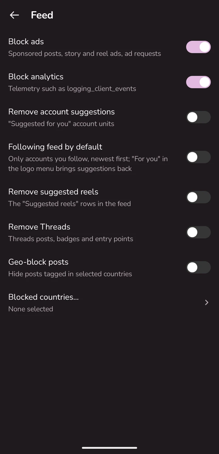 Feed & Stories settings: suggestion filters, the Following feed, Reels and stories