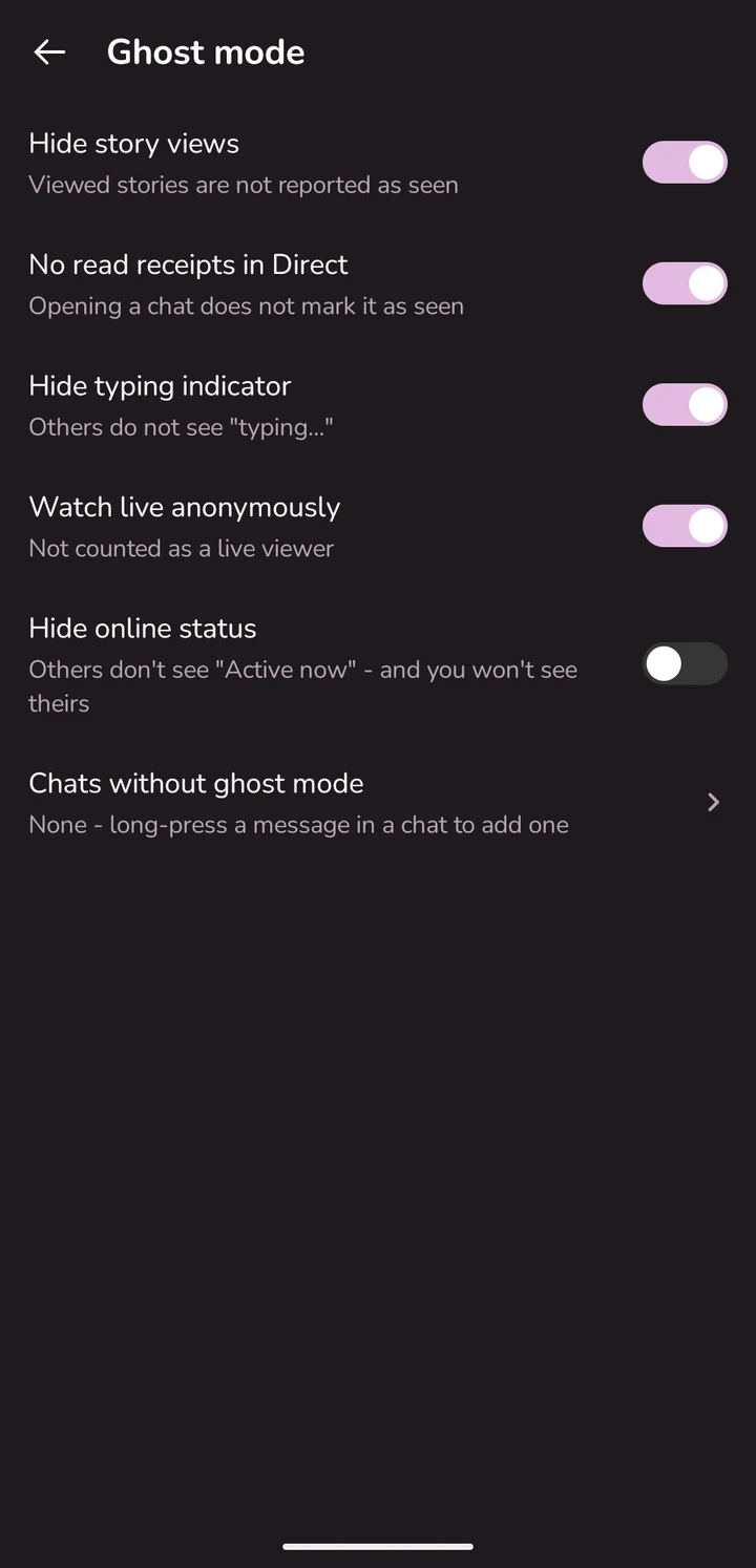 Ghost mode settings: hide story views, Seen and typing in Direct