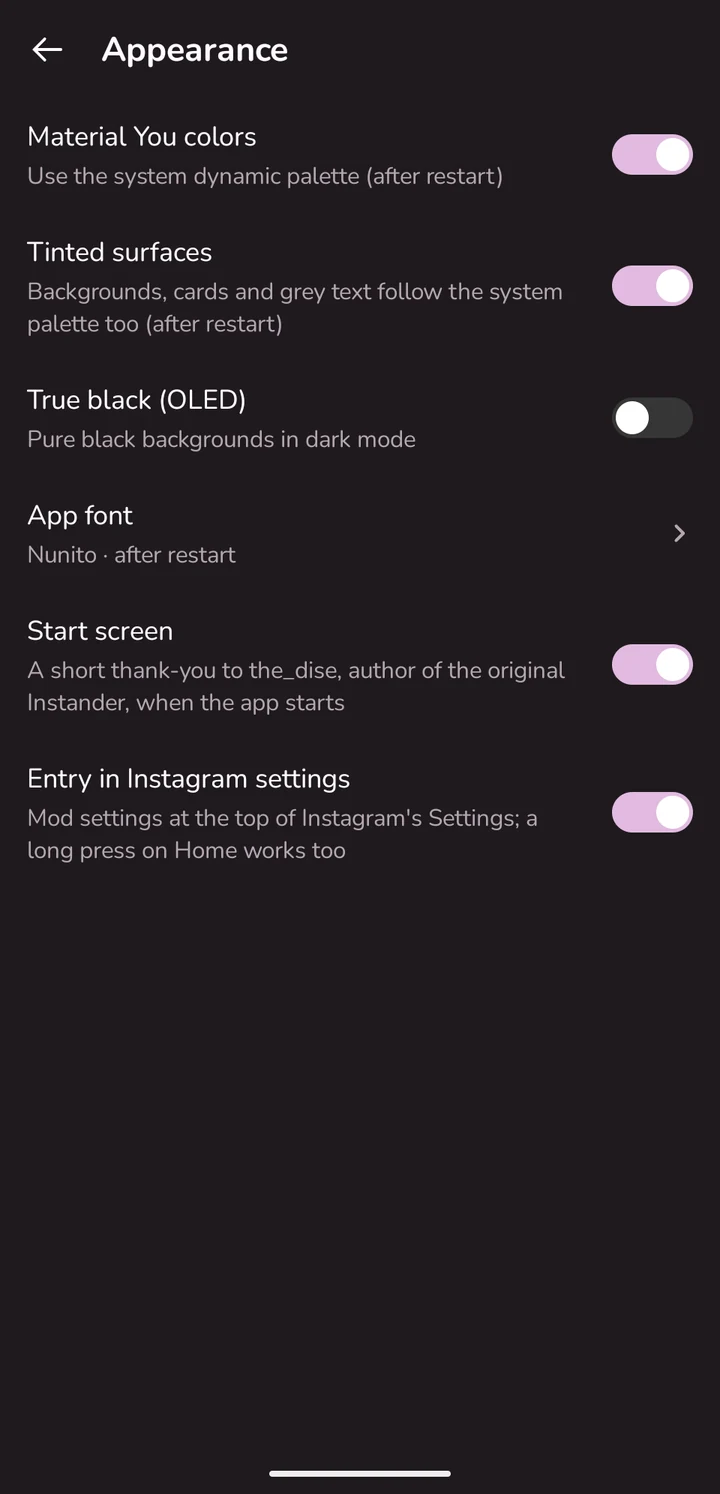 Appearance settings: Material You, OLED black, hiding Meta AI and tabs