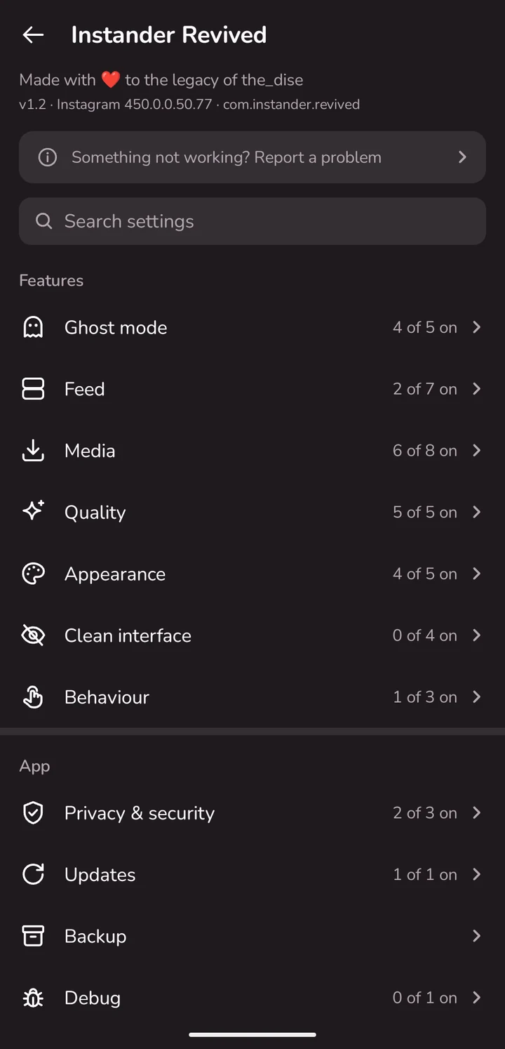 Instander Revived settings in Instagram's own style: categories with icons and search